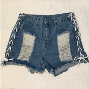 Lace up denim shorts